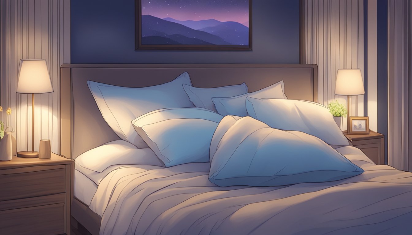 A body pillow lying on a bed, surrounded by soft blankets and pillows, with a calming night light in the background