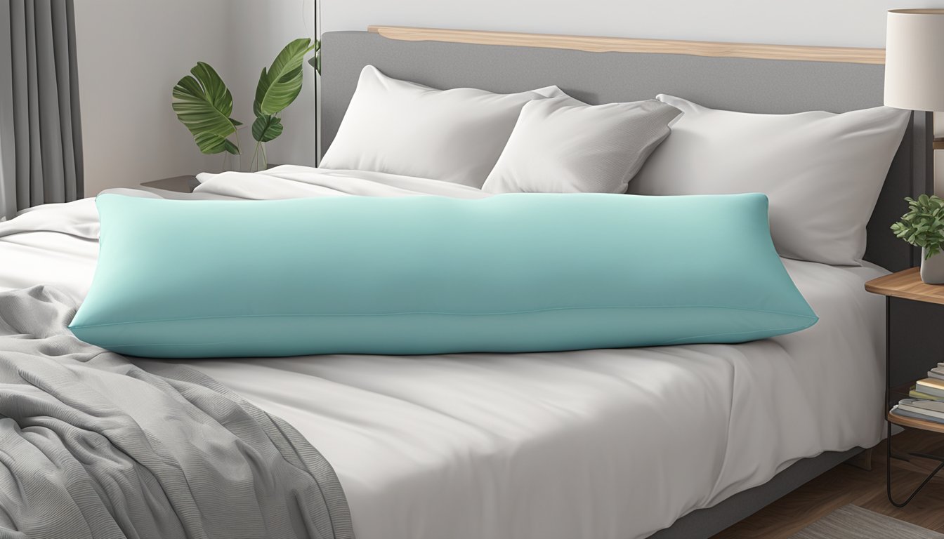 A body pillow lies across a bed, providing support and comfort. Its elongated shape and soft texture promote better sleep and relaxation