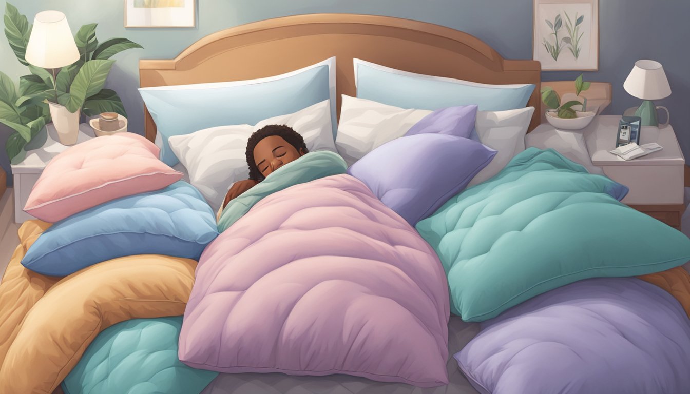 A person lying in bed surrounded by various body pillows, carefully selecting the perfect one for comfort and support