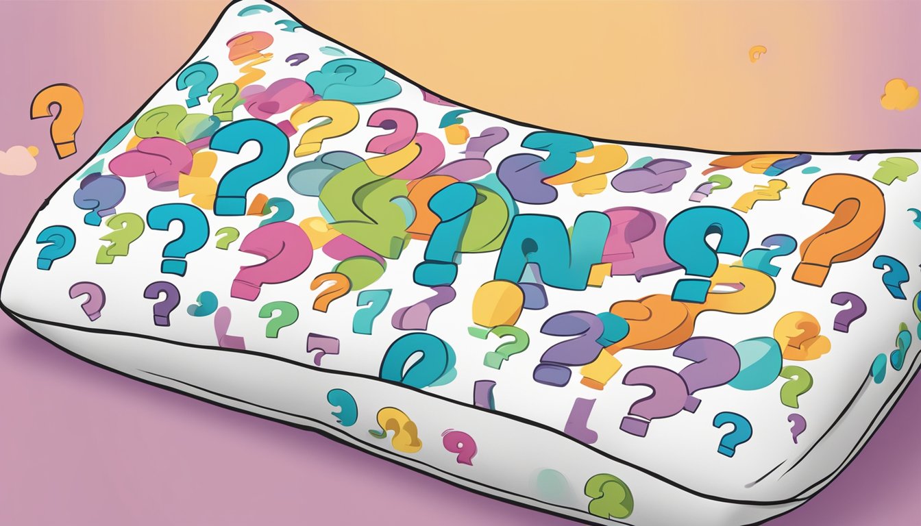 A large body pillow with "Frequently Asked Questions" printed on it, surrounded by various question marks and speech bubbles