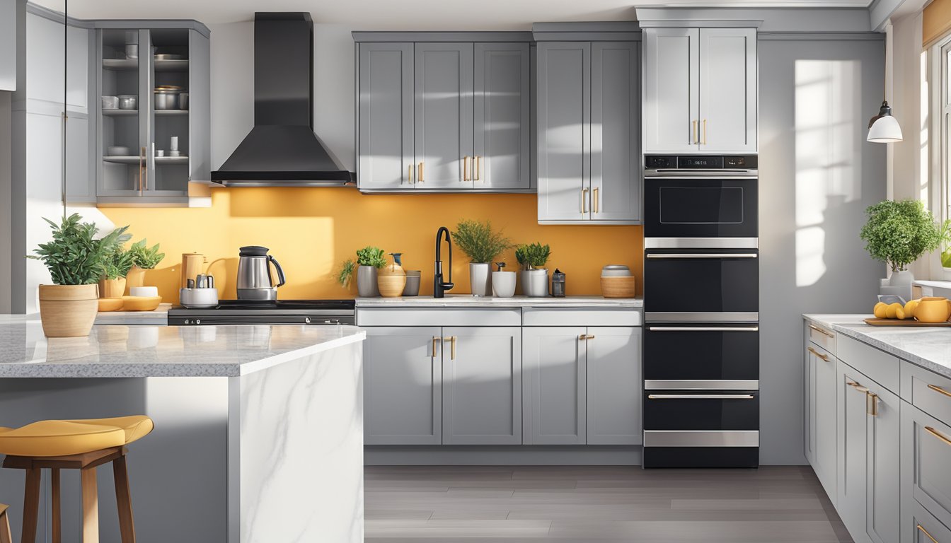 A kitchen with modern appliances, sleek cabinets, and a granite countertop being installed by workers in a brightly lit room