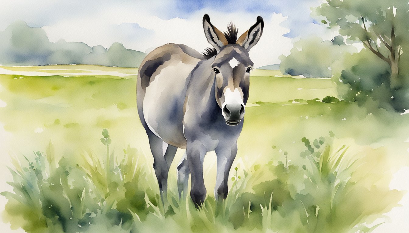 A donkey stands in a grassy field, grazing on fresh greenery.</p><p>Its ears are perked up, and it looks content and well-cared for