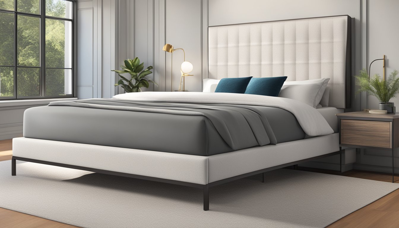 A queen-size bed with a sleek, modern frame and a plush, memory foam mattress