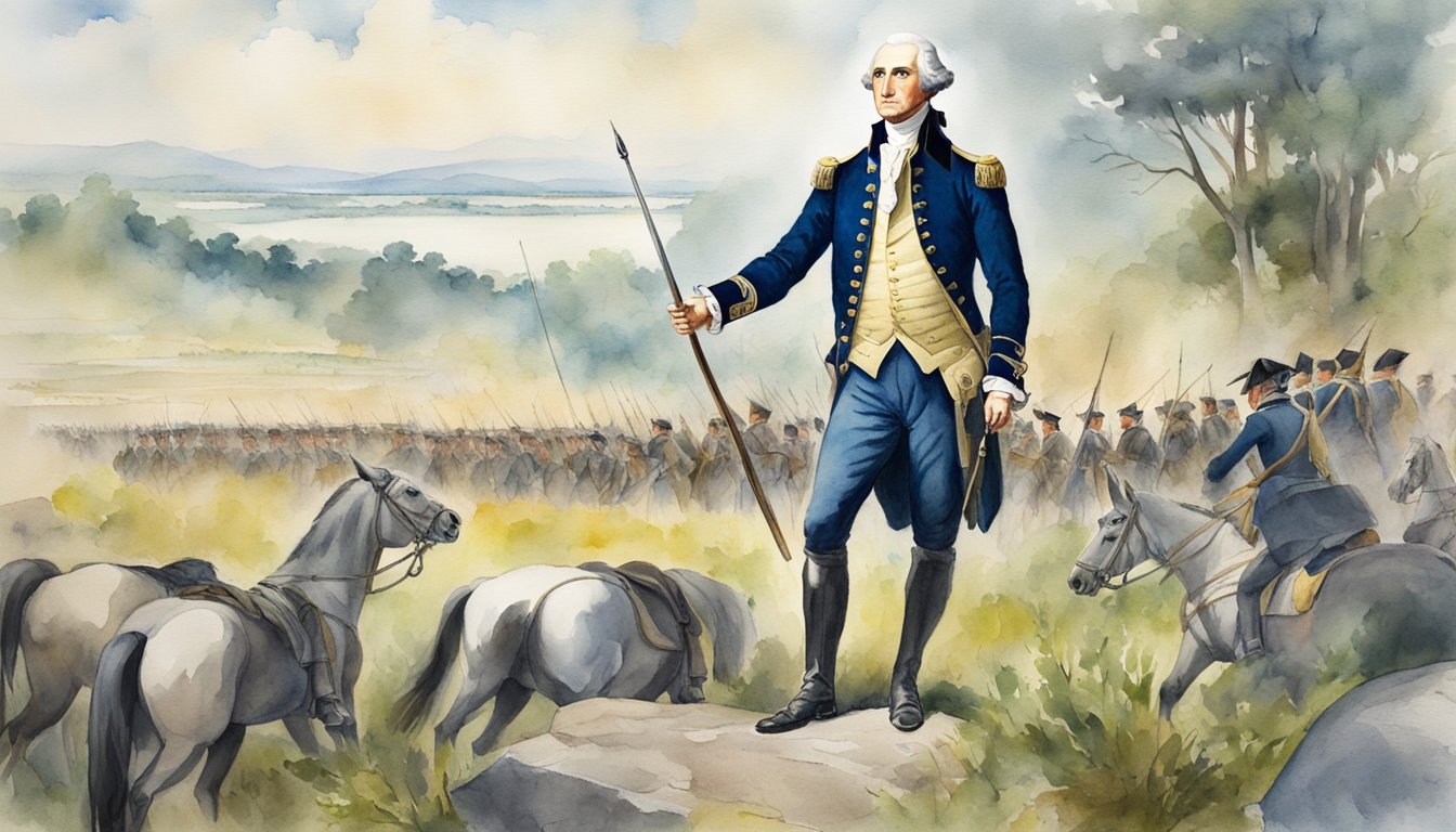 George Washington standing tall, surveying the battlefield with a determined look on his face, inspiring his troops with his leadership and legacy