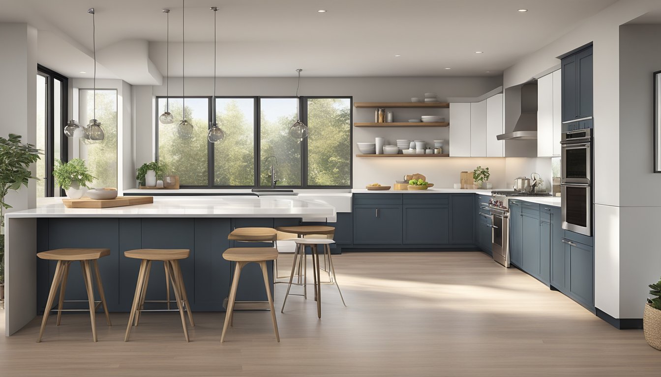 A sleek, modern kitchen with clean lines, stainless steel appliances, and ample natural light. The space seamlessly transitions into the living area, creating a functional and stylish open concept design