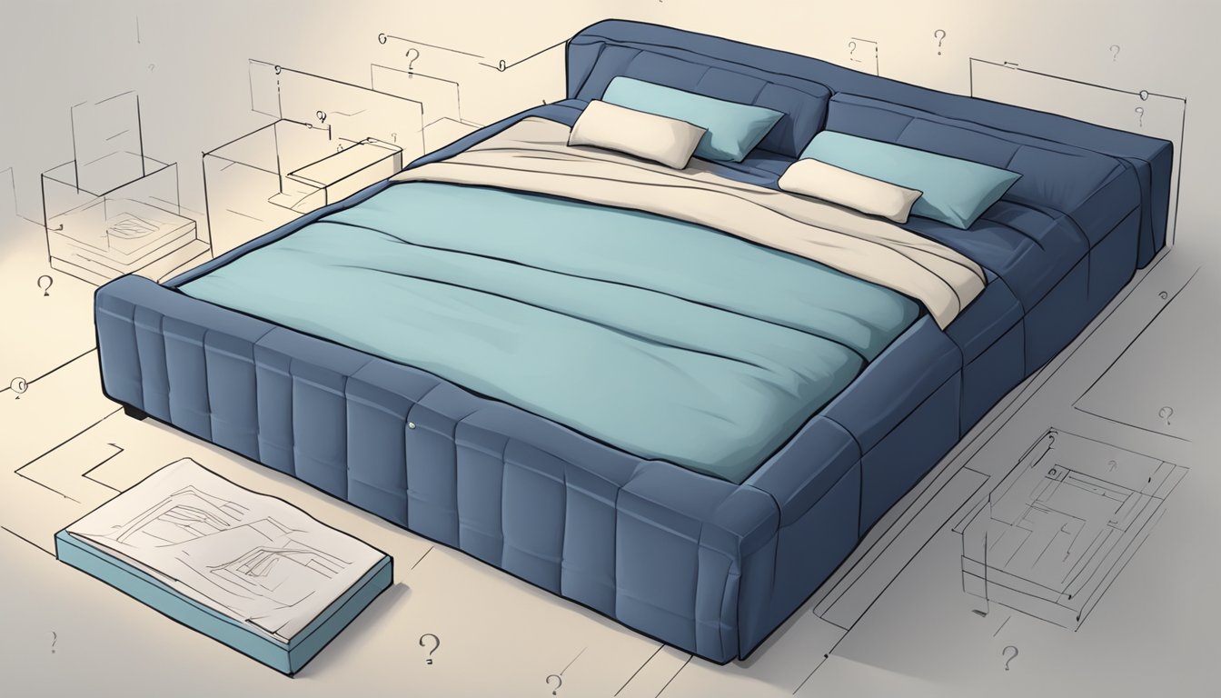 A bed with various dimensions labeled, surrounded by question marks