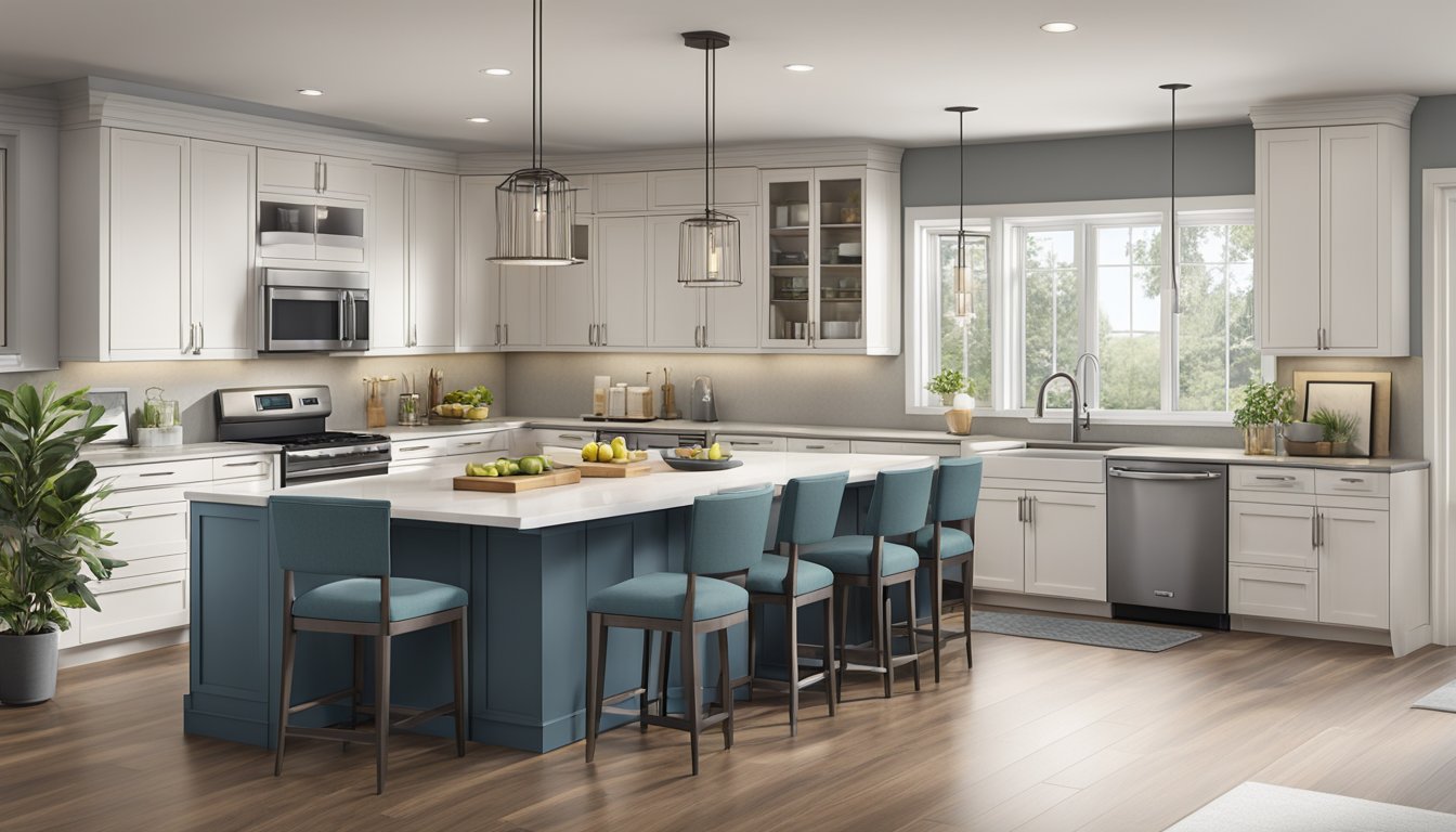 An open concept kitchen with modern appliances and a spacious layout, featuring a large island with seating, pendant lighting, and sleek cabinetry