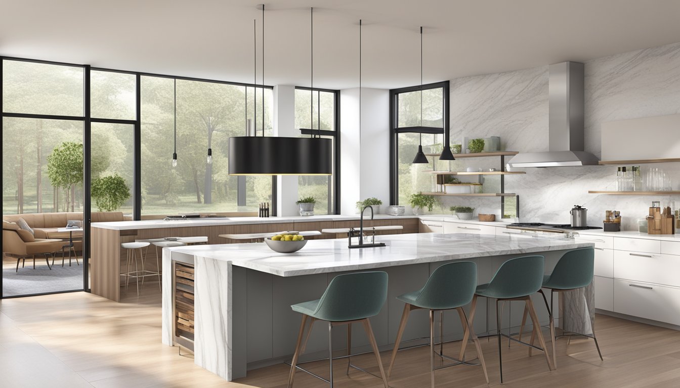 A sleek, open-concept kitchen with stainless steel appliances, marble countertops, and a large island with bar seating. The room is flooded with natural light from floor-to-ceiling windows, and there are minimalist, clean lines throughout the space