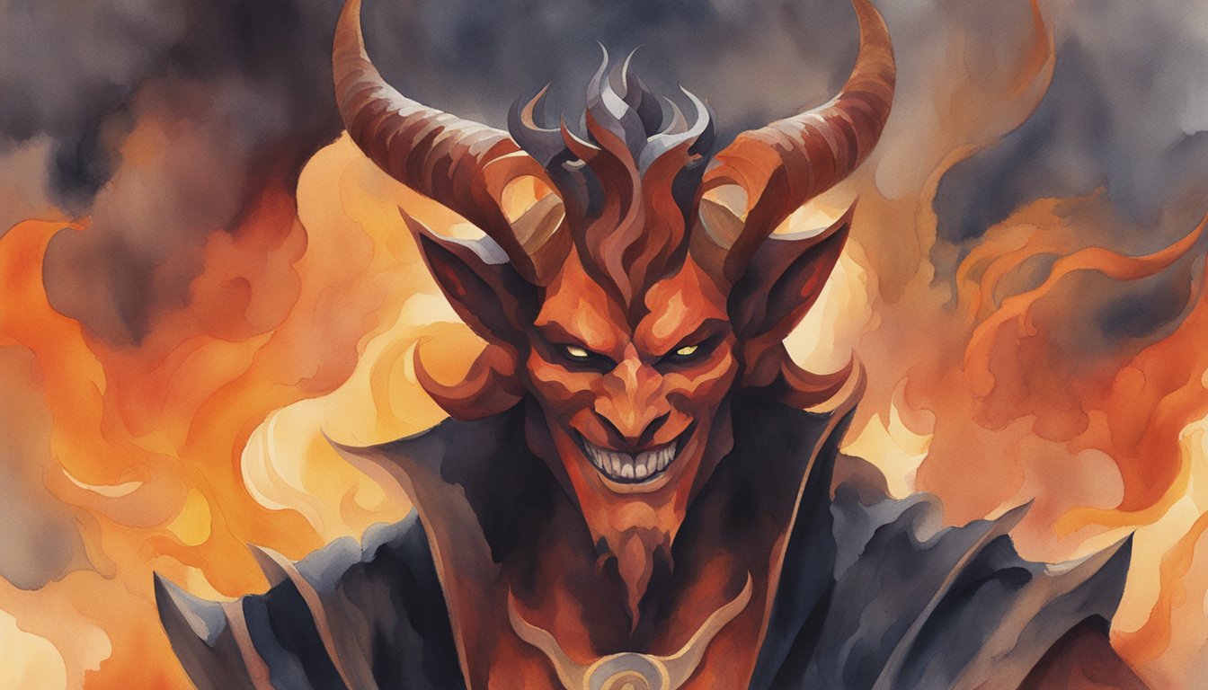 A horned, red-skinned figure with a menacing grin and piercing eyes, surrounded by flames and dark, swirling clouds