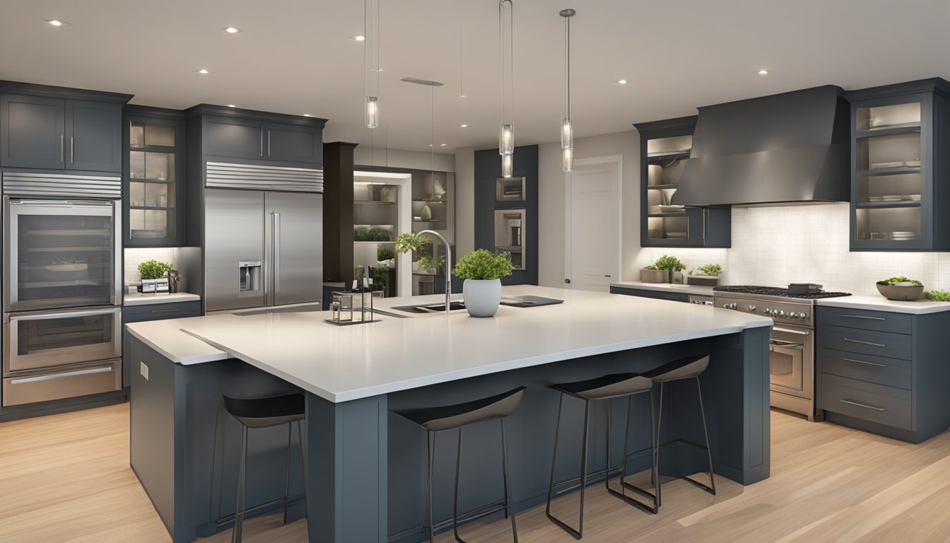 Sleek countertops, stainless steel appliances, and minimalist cabinetry define the modern kitchen design. A large island with bar seating and pendant lighting completes the contemporary look