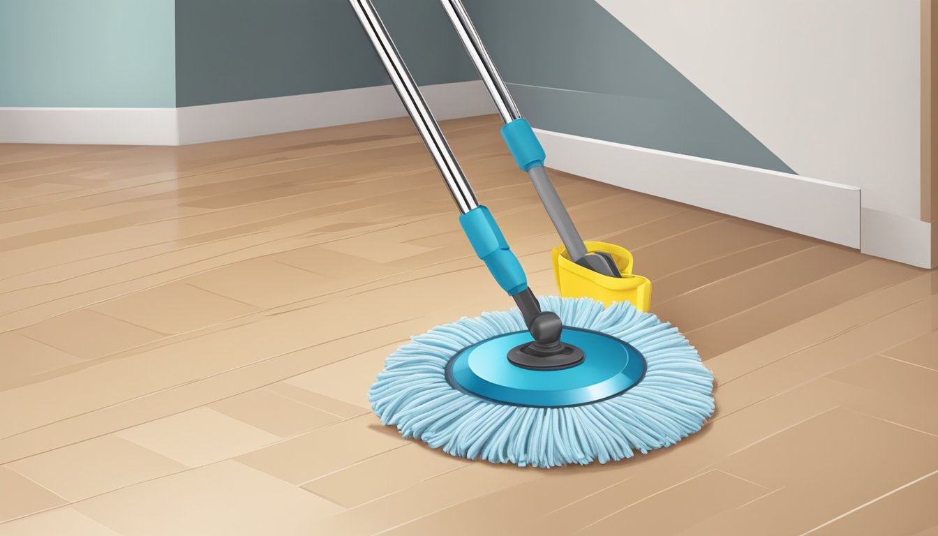A mop spins on its axis, twisting and turning as it cleans the floor. The handle extends upward, while the mop head rotates in a circular motion