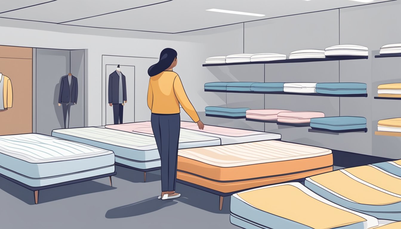 A person carefully selecting a super single mattress from a variety of options in a showroom