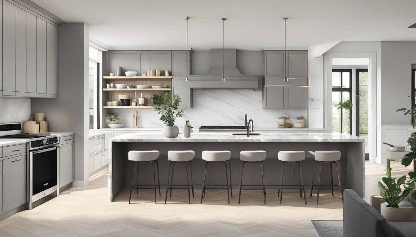 A sleek, minimalist kitchen with clean lines, neutral colors, and integrated appliances. Open shelving, marble countertops, and statement lighting add a touch of luxury