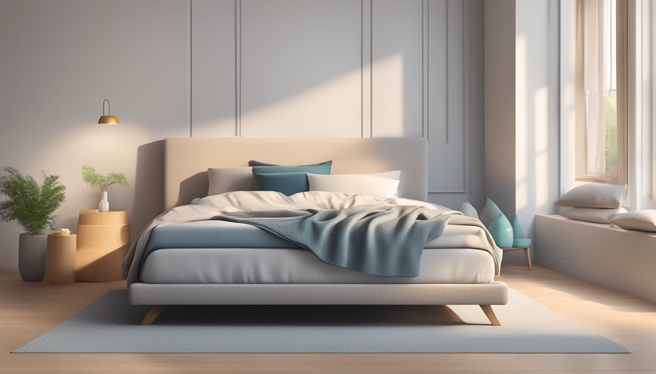 A neatly made bed with a single mattress, accompanied by a stack of pillows and a cozy blanket, set against a clean and minimalistic backdrop