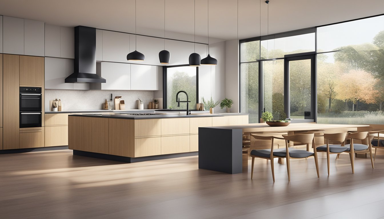 A sleek, minimalist kitchen with clean lines, integrated appliances, and ample storage. A large island with a built-in sink and seating area. Bright, natural light floods the space through floor-to-ceiling windows