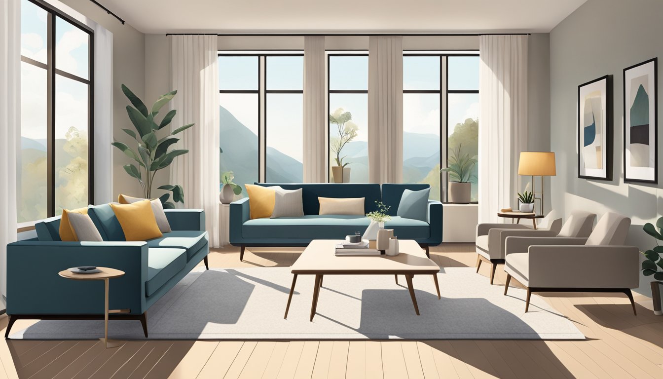 A modern living room with a minimalist color palette, clean lines, and natural light streaming in from large windows. A cozy yet sophisticated space with sleek furniture and subtle accents