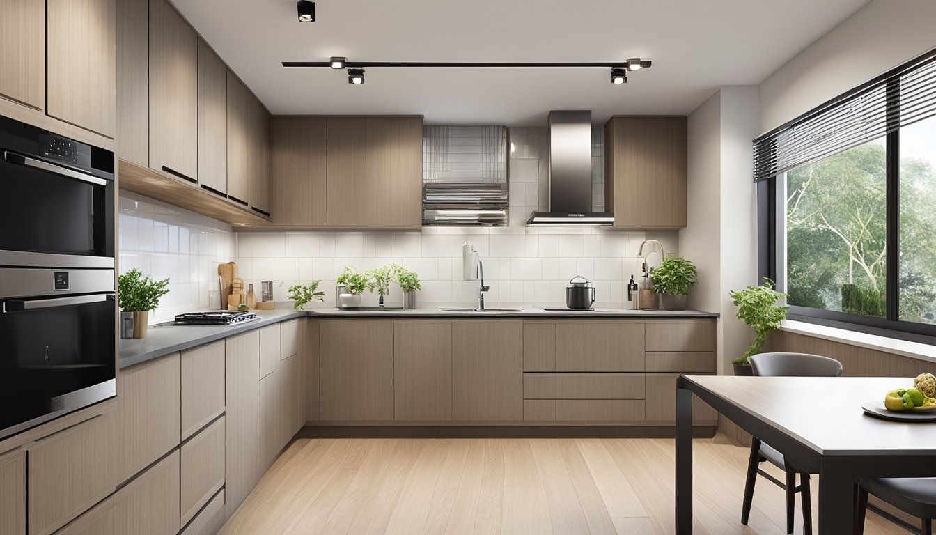 A spacious 4-room HDB kitchen with modern appliances, ample countertop space, and sleek cabinetry. Natural light floods the room, highlighting the functional layout and stylish design