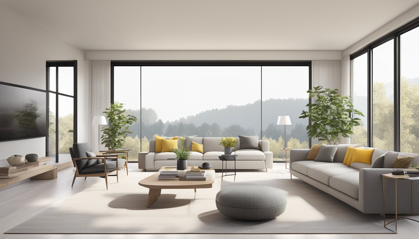 A modern living room with minimalist furniture, clean lines, and neutral colors. Large windows bring in natural light, and a statement piece of artwork adds a pop of color to the space