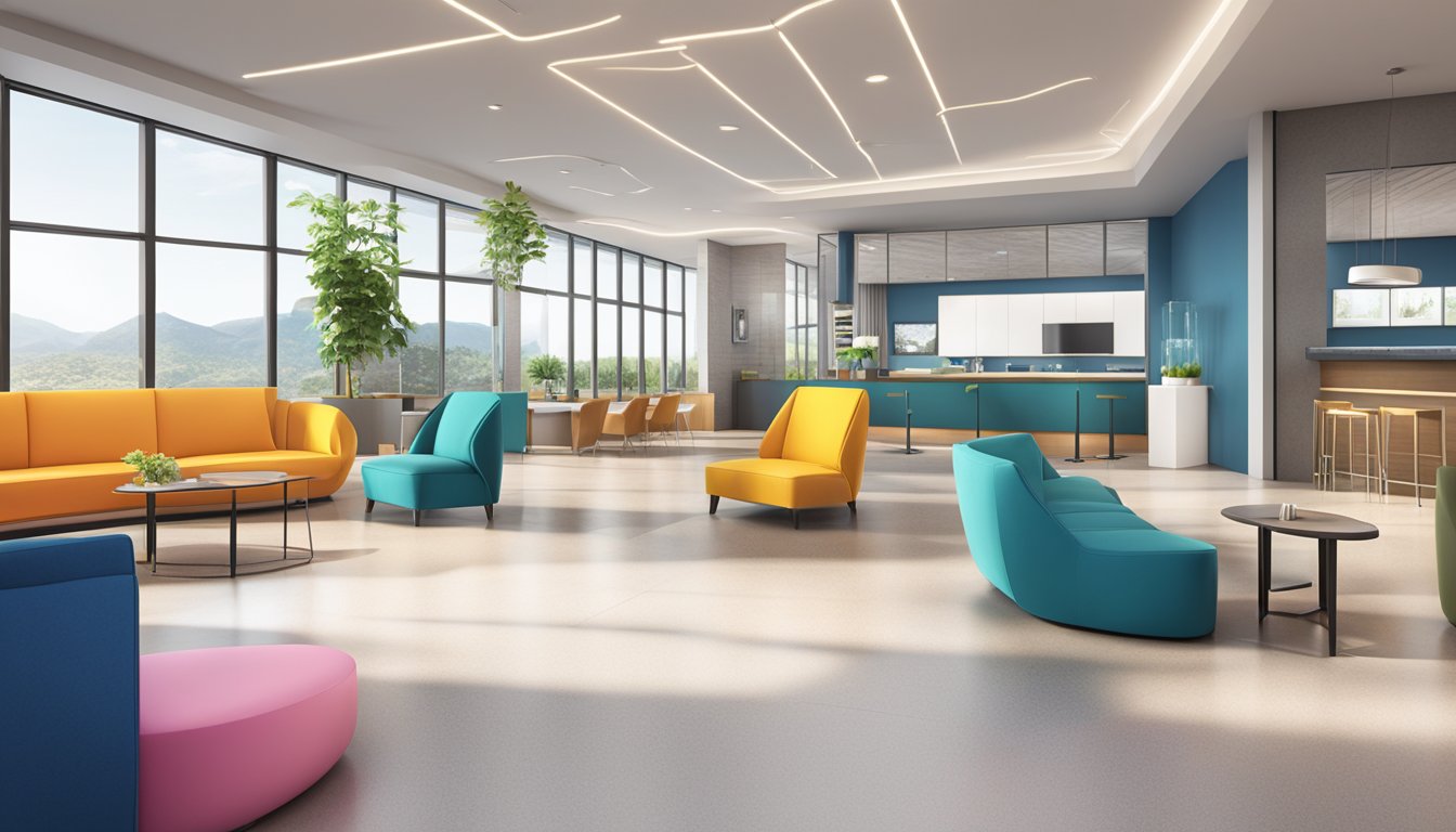A modern, sleek interior with clean lines and vibrant pops of color. A large, welcoming reception area with a digital display showcasing frequently asked questions