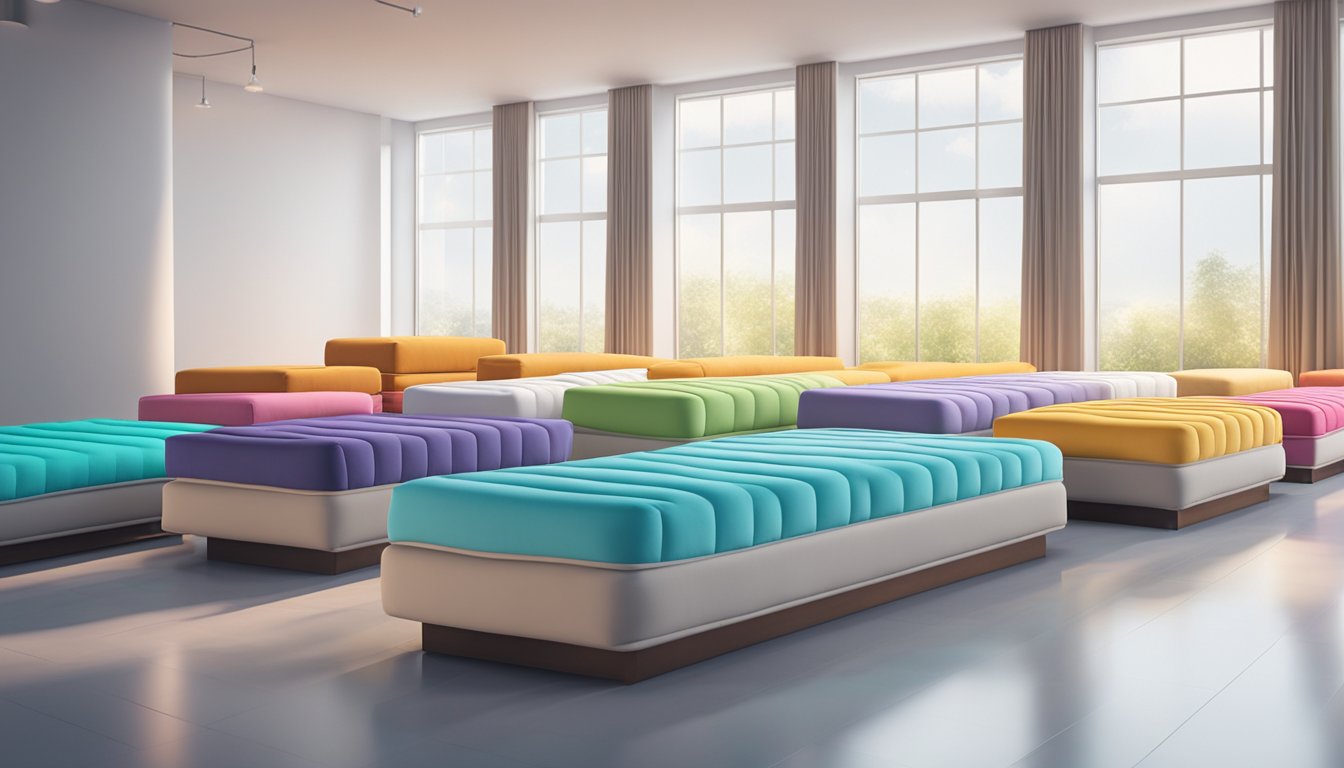 A row of colorful mattresses lined up in a spacious showroom, with soft lighting and inviting displays