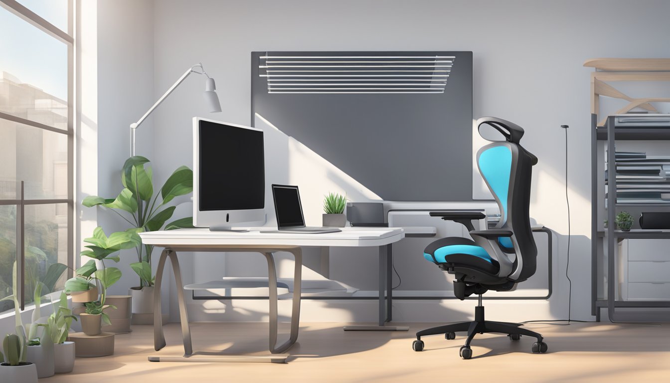 A computer chair sits empty in a well-lit room, facing a desk with a keyboard and monitor. The chair's ergonomic design is evident, with adjustable armrests and a supportive backrest