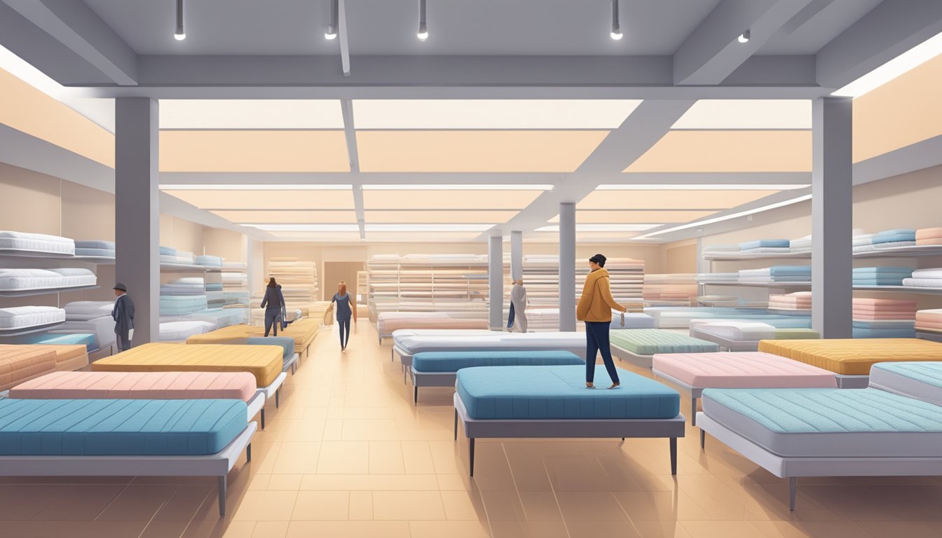 A person walking through a spacious mattress store, surrounded by rows of various mattresses in different sizes and styles. Bright lighting and comfortable seating areas create a welcoming atmosphere