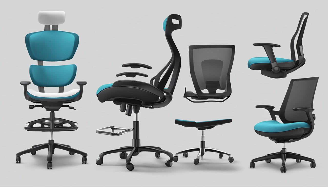 A computer chair with adjustable armrests and lumbar support, on wheels, with a swivel base, and a high backrest for ergonomic comfort