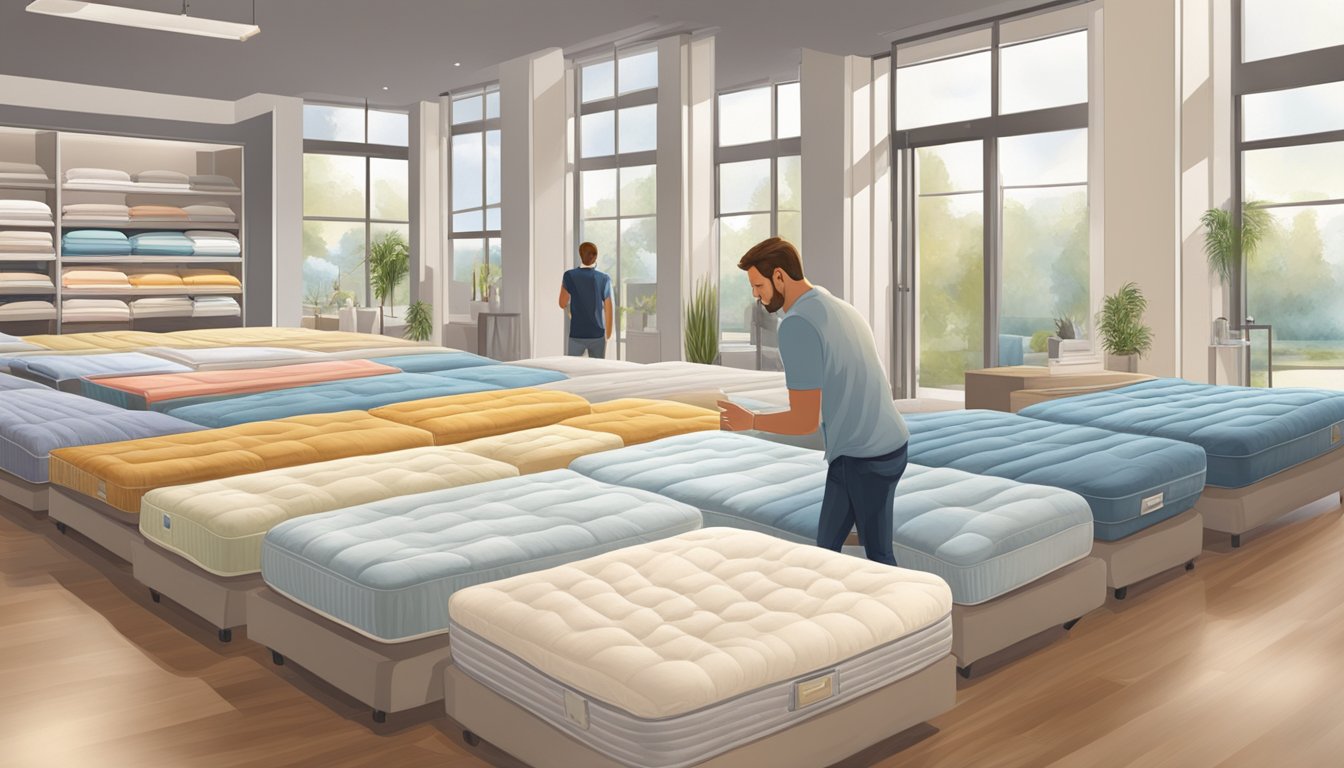 A customer effortlessly navigates through a spacious and well-lit mattress store, browsing various options with ease and comfort