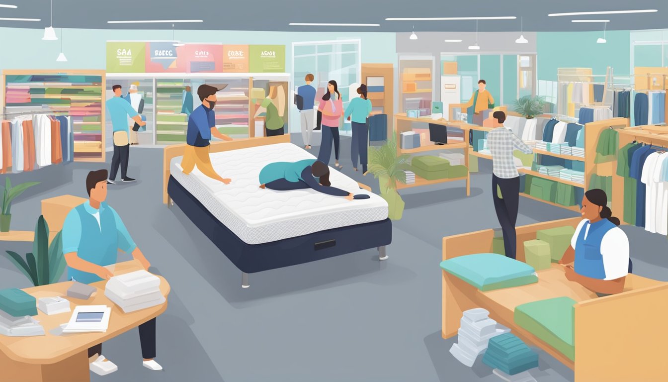 A busy mattress store with customers browsing, salespeople assisting, and signs displaying "Frequently Asked Questions" prominently