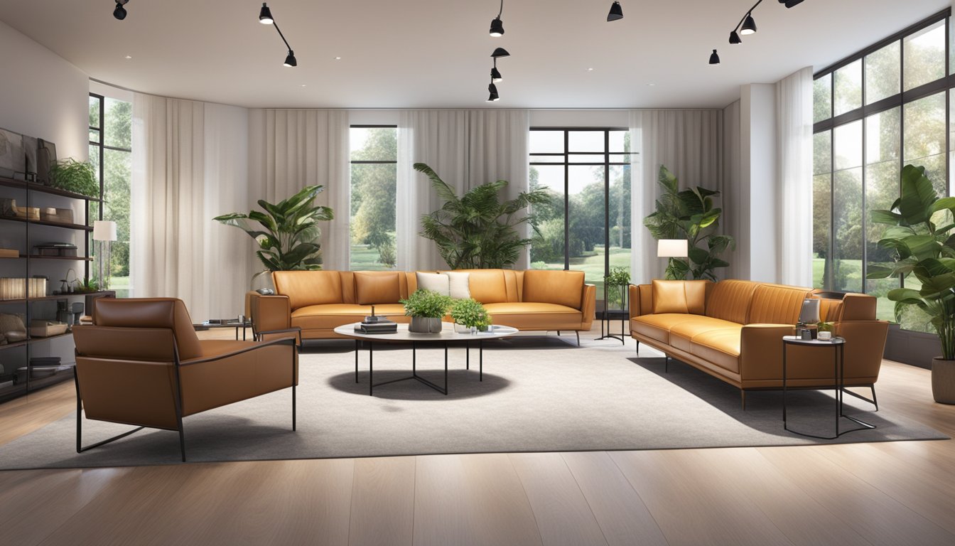 A spacious showroom with sleek leather sofas and chairs displayed under bright lighting. The furniture is arranged in an inviting and organized manner, showcasing the variety of styles and colors available
