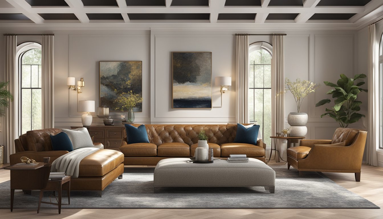 A spacious showroom filled with luxurious leather sofas, chairs, and ottomans. Soft lighting highlights the rich, supple textures of the furniture, inviting customers to explore and discover the perfect pieces for their home