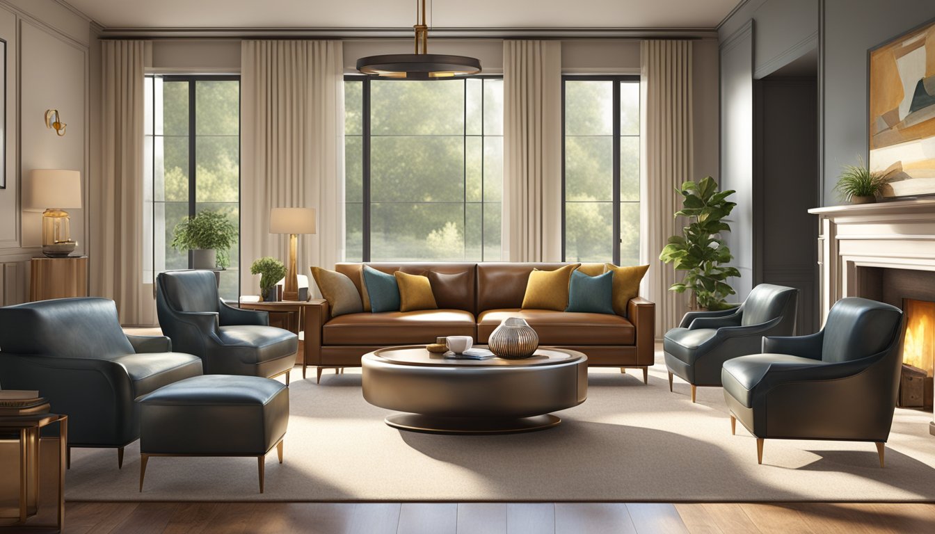 A luxurious leather sofa sits in a sunlit living room, surrounded by elegant leather chairs and a sleek coffee table. The warm, inviting space exudes sophistication and comfort