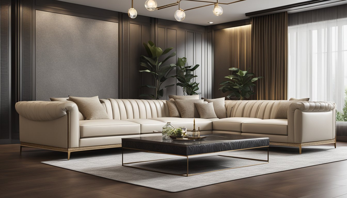 A luxurious leather sofa sits in a modern living room, showcasing the best brands in Singapore. Rich textures and elegant designs exude sophistication