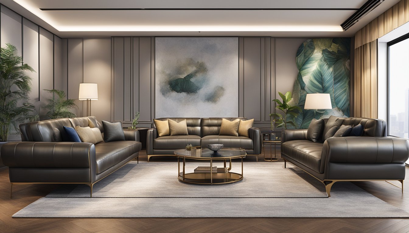 A showroom displays luxurious leather sofas in Singapore, showcasing the finest brands