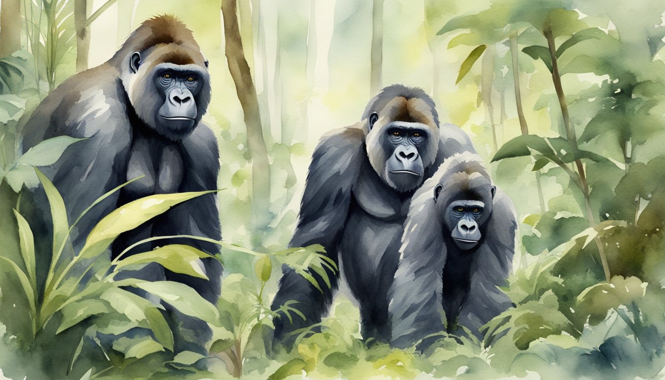 Gorillas in lush forest habitat, facing threats from poaching and habitat loss.</p><p>Conservation efforts include protection and education