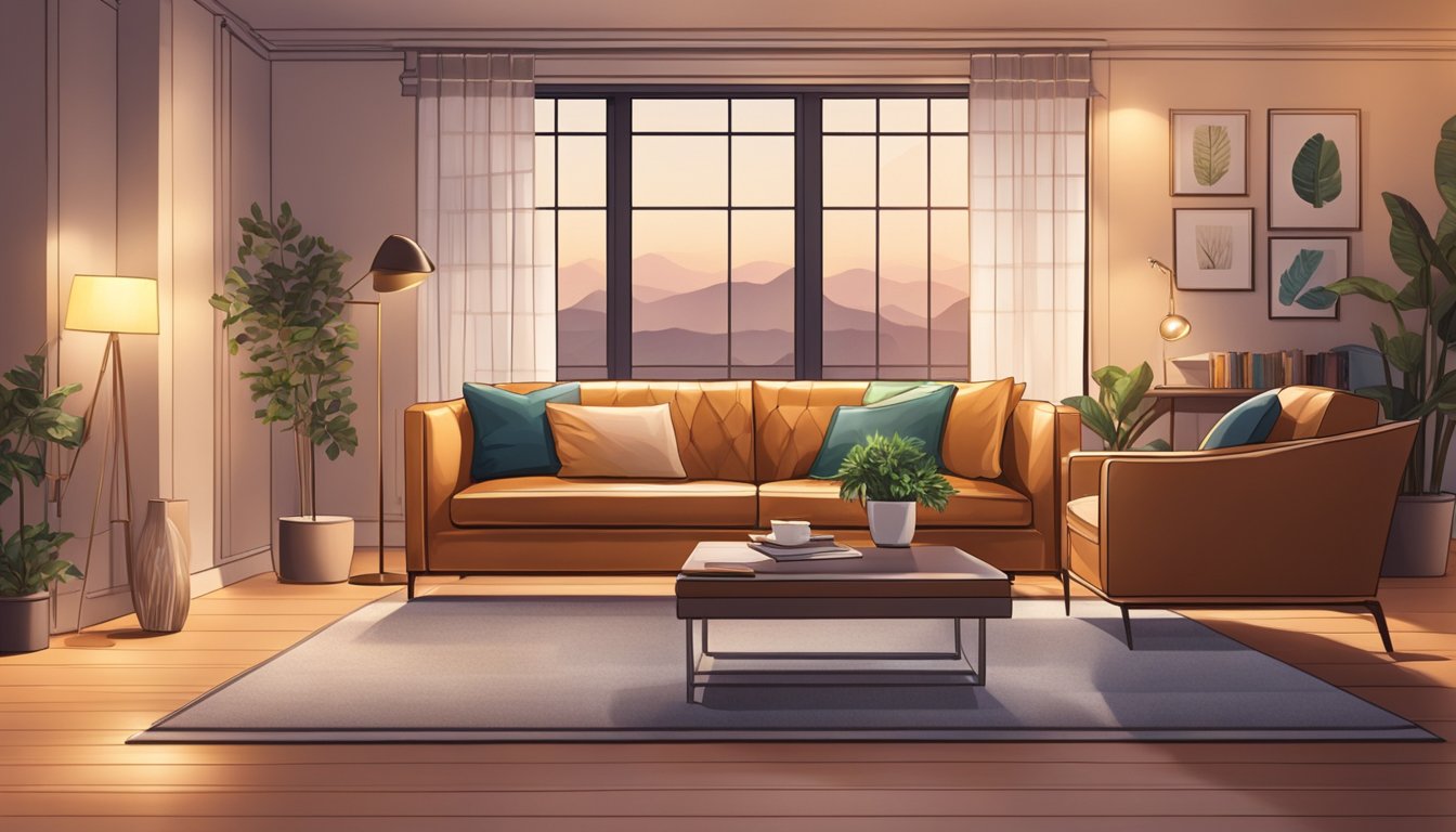 A cozy living room with a sleek leather sofa, surrounded by modern decor and soft lighting, creating a welcoming ambiance