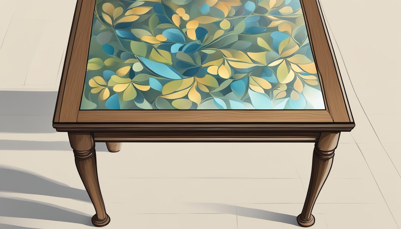 A standard size side table with a smooth wooden surface, supported by four sturdy legs, and adorned with a small decorative vase
