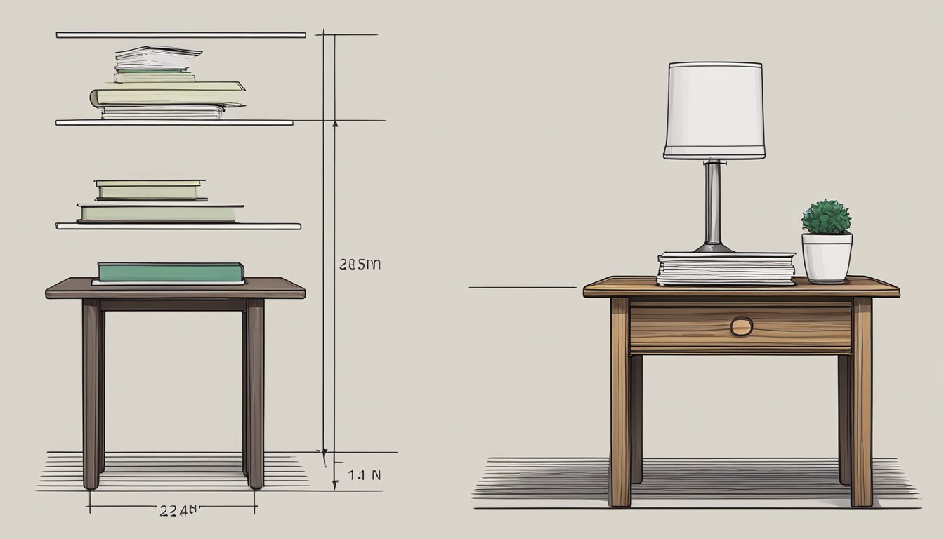 A side table with standard dimensions sits in a room, with a stack of papers and a pen on top. The table is positioned next to a comfortable chair or sofa
