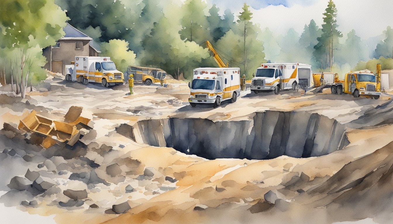 The ground crumbles, revealing a deep sinkhole.</p><p>Emergency vehicles surround the area as workers assess the damage and begin repairs