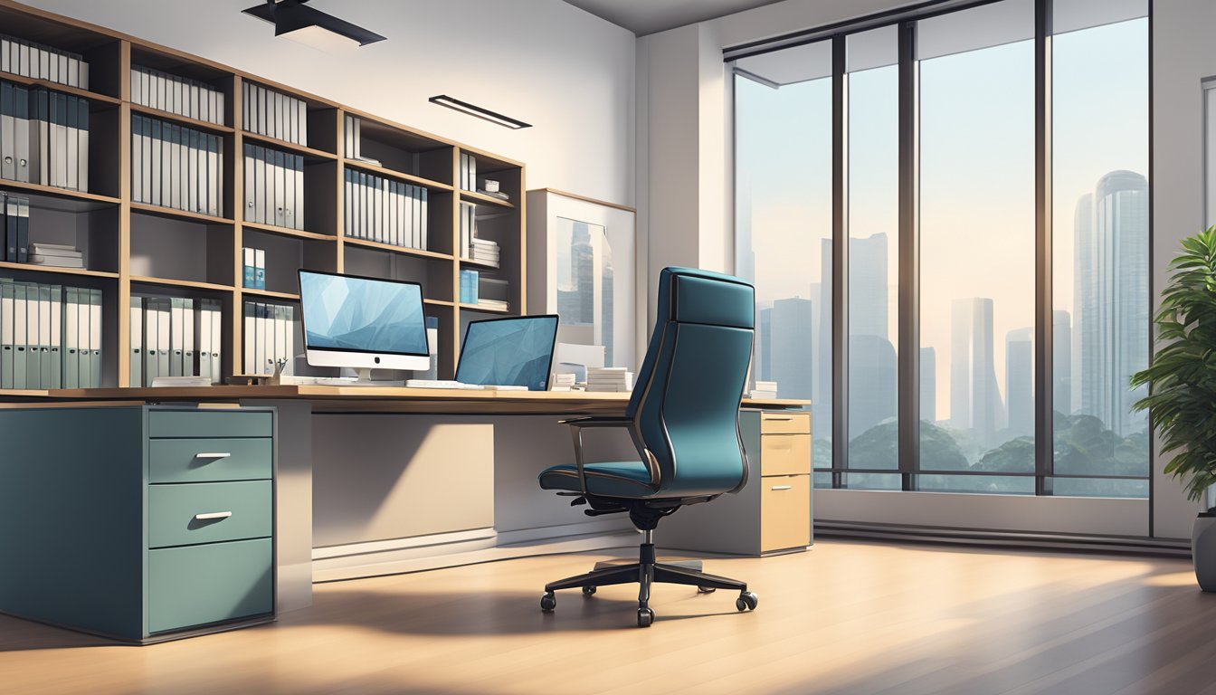 A sleek modern desk with a comfortable ergonomic chair, surrounded by stylish filing cabinets and shelves, in a well-lit office space in Singapore