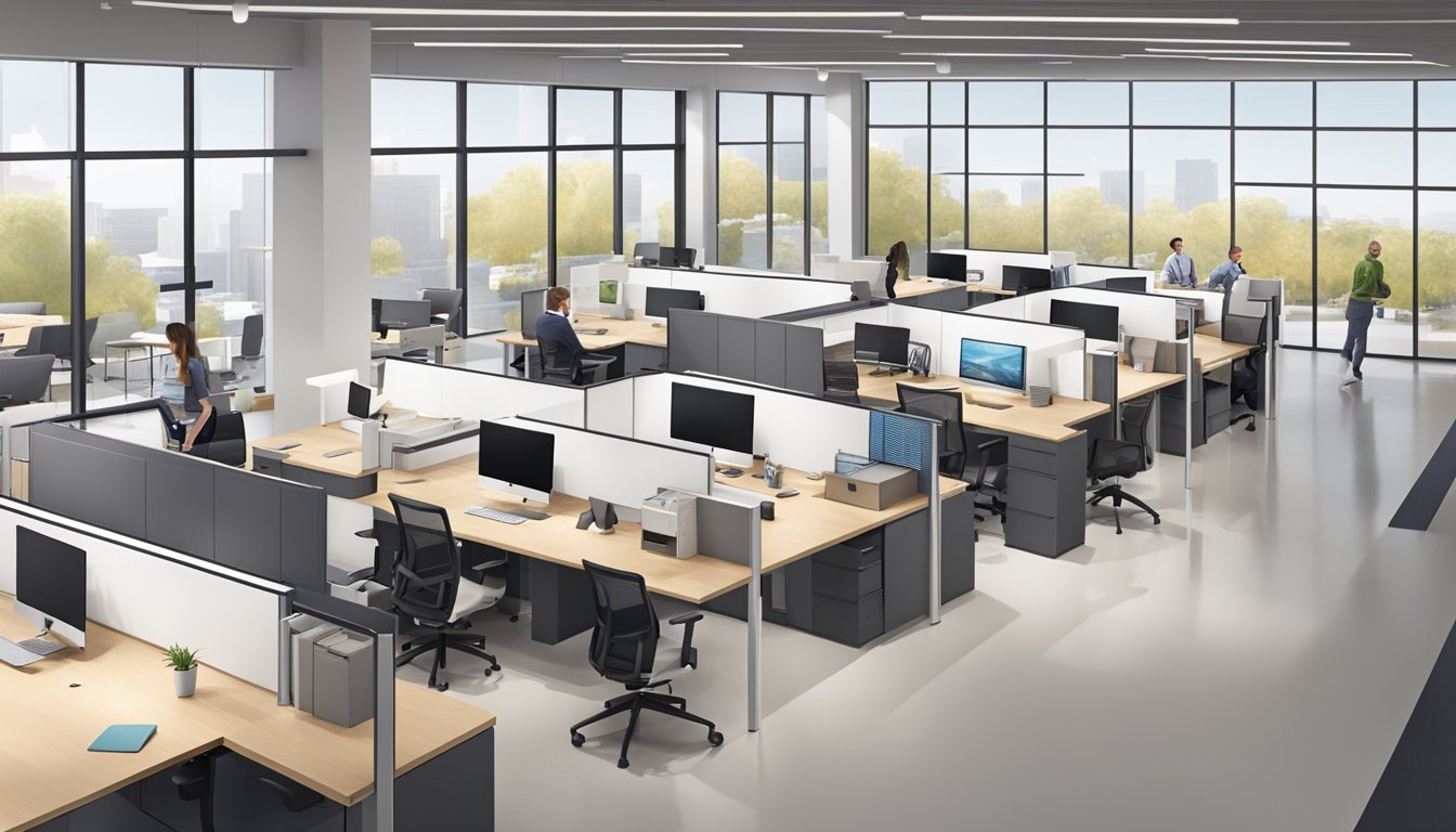 Employees browse modern workstations, ergonomic chairs, and sleek storage solutions in a spacious showroom. A team of designers collaborates on a custom office layout