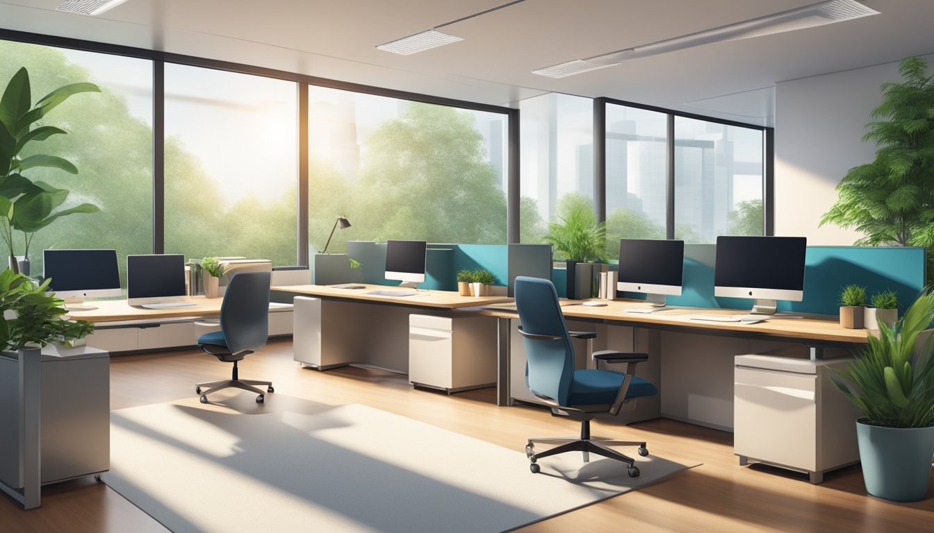 A modern office space with sleek, ergonomic furniture, bright natural light, and vibrant greenery for a refreshing and inspiring atmosphere