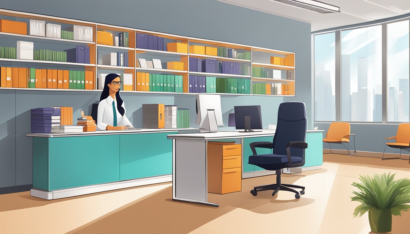 A modern office space with sleek, ergonomic furniture and vibrant decor. A reception desk with a friendly staff member. Shelves lined with neatly organized catalogs and brochures