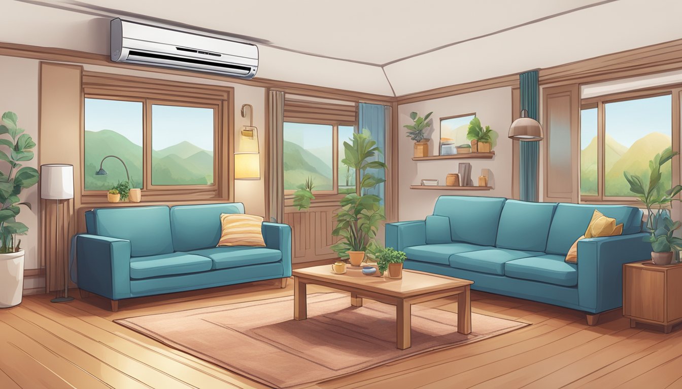 A cozy living room with a Mitsubishi air conditioner displaying various symbols to indicate comfort and air quality