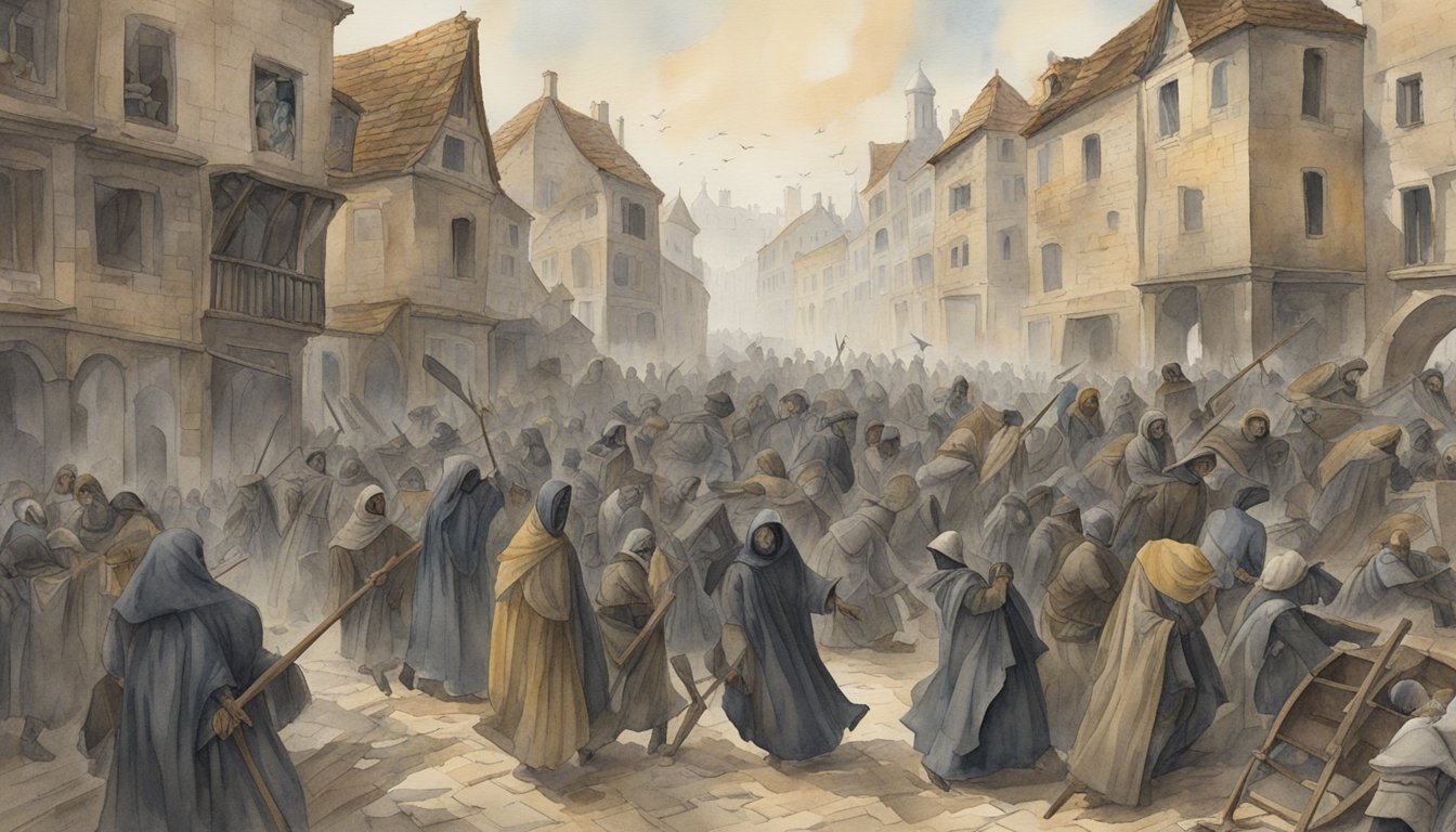 The black death ravages a city, causing panic and death.</p><p>People flee, while others succumb to the disease