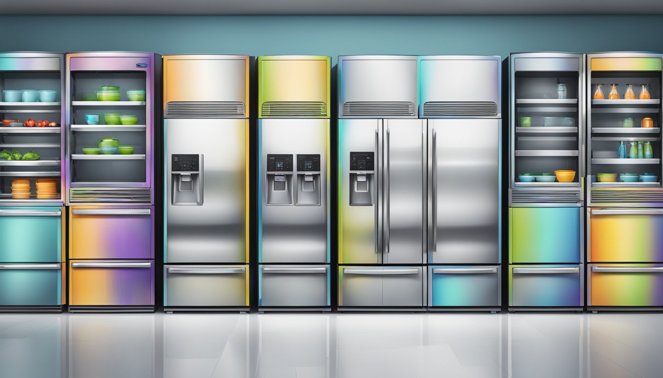 A variety of refrigerators, ranging in depth sizes, lined up in a showroom display