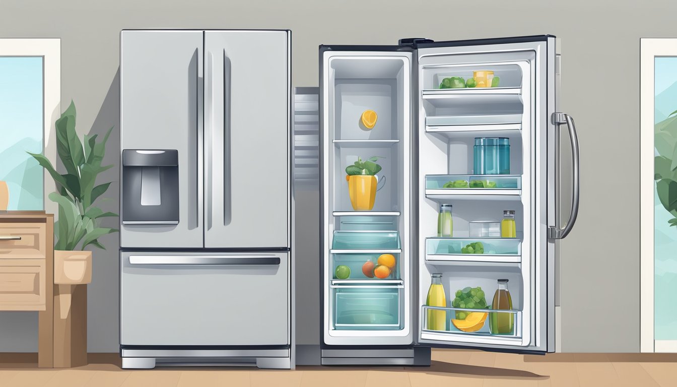 A refrigerator with various depth sizes and dimensions displayed on a chart