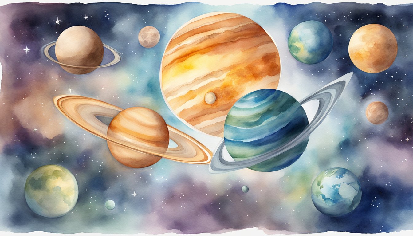 Planets orbiting sun, Earth in middle, with Mars, Venus, Mercury, Jupiter, Saturn, Uranus, Neptune.</p><p>No humans or body parts