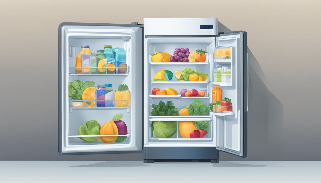 A refrigerator with various depth sizes labeled on the shelves and compartments, surrounded by question marks and a sign reading "Frequently Asked Questions."