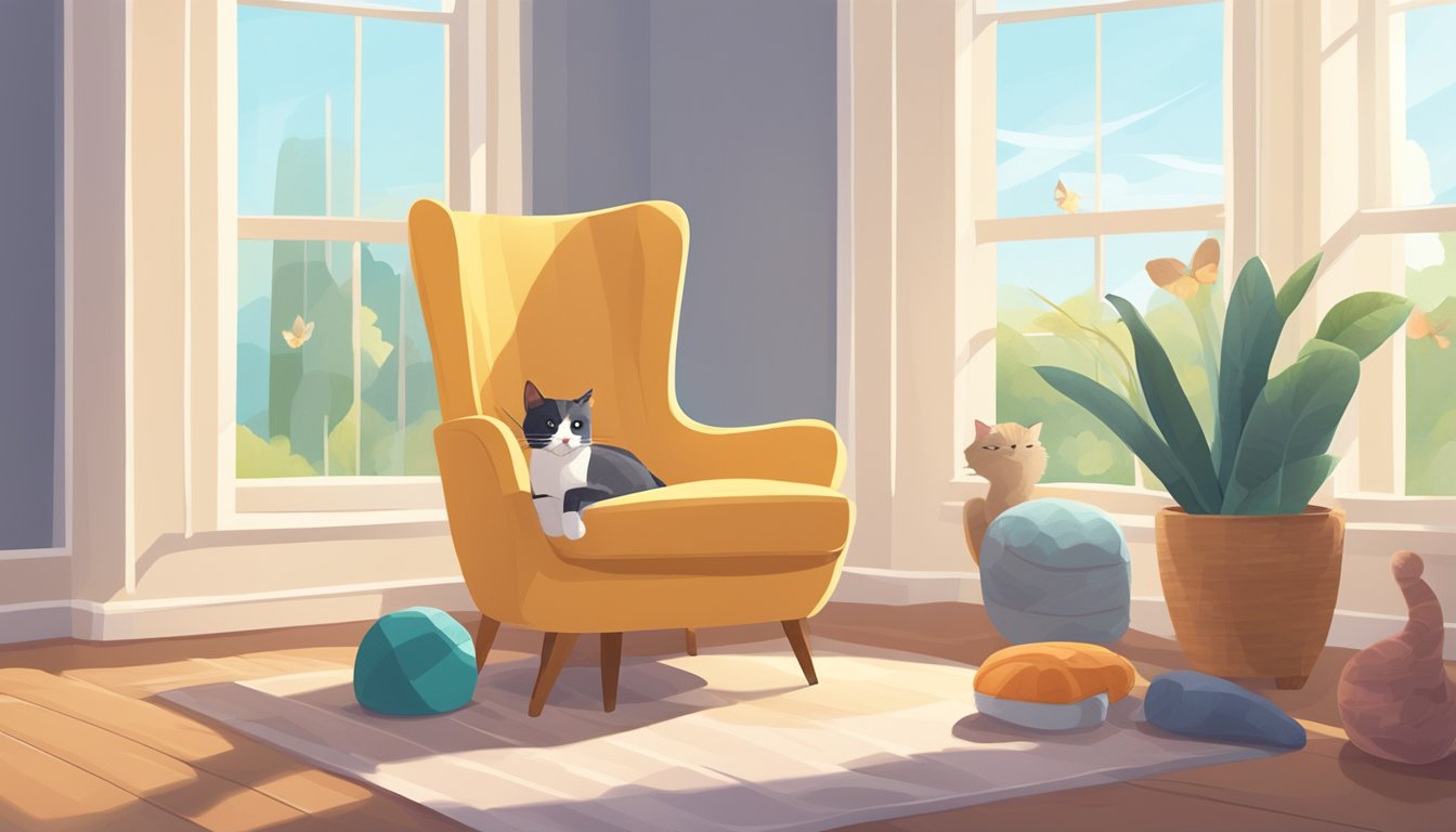 A cozy armchair with a soft cushion and a scratching post nearby, surrounded by various cat toys and a window with a sunny spot for lounging